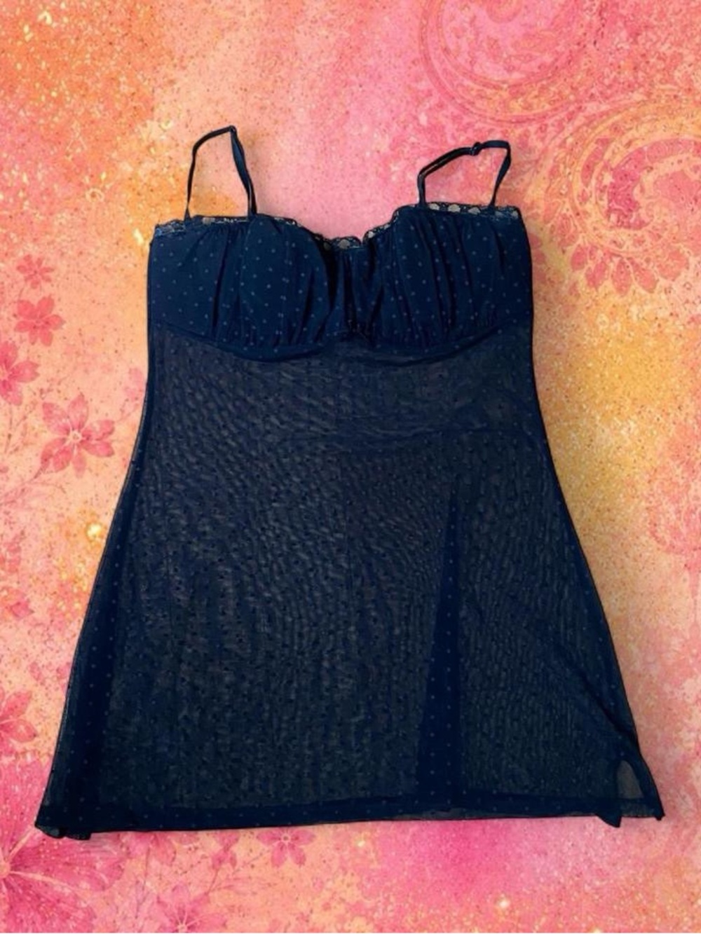 Black mesh lingerie slip dress with small polka dots and bow in the middle